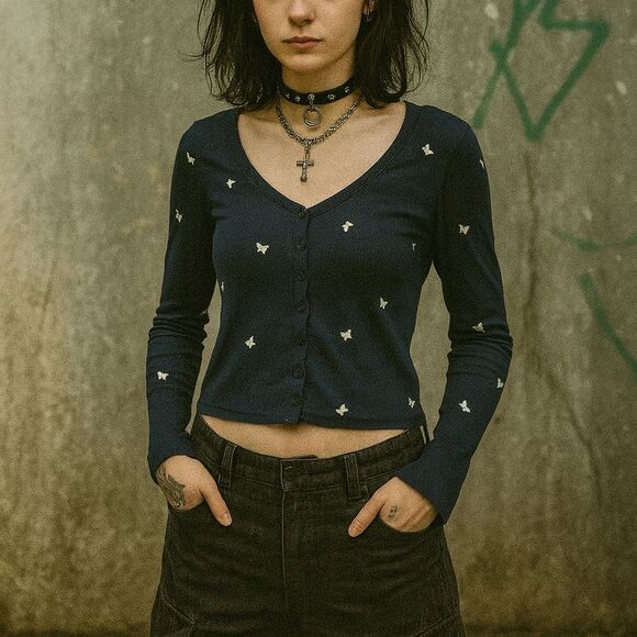 Navy Butterflies M Cyber Grunge L/S Scoop Neck Thin Knit Front Button Crop Sweat - Picture 1 of 6